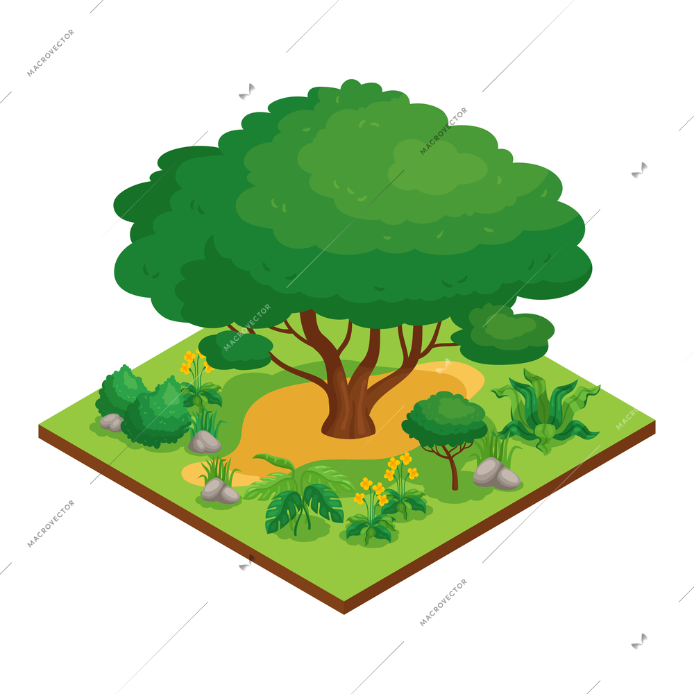 Park element isometric composition with big green tree bushes flowers 3d vector illustration