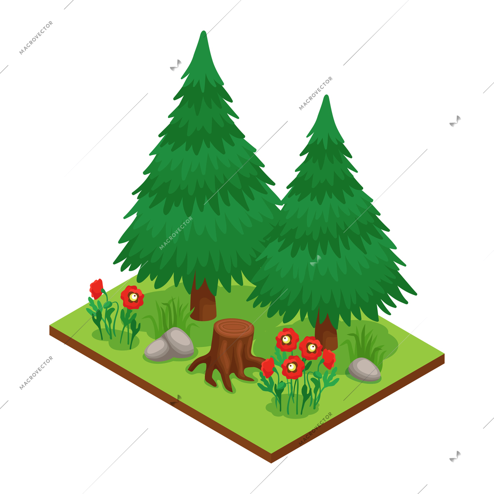 Forest or park element isometric composition with two fir trees flowers stump 3d vector illustration