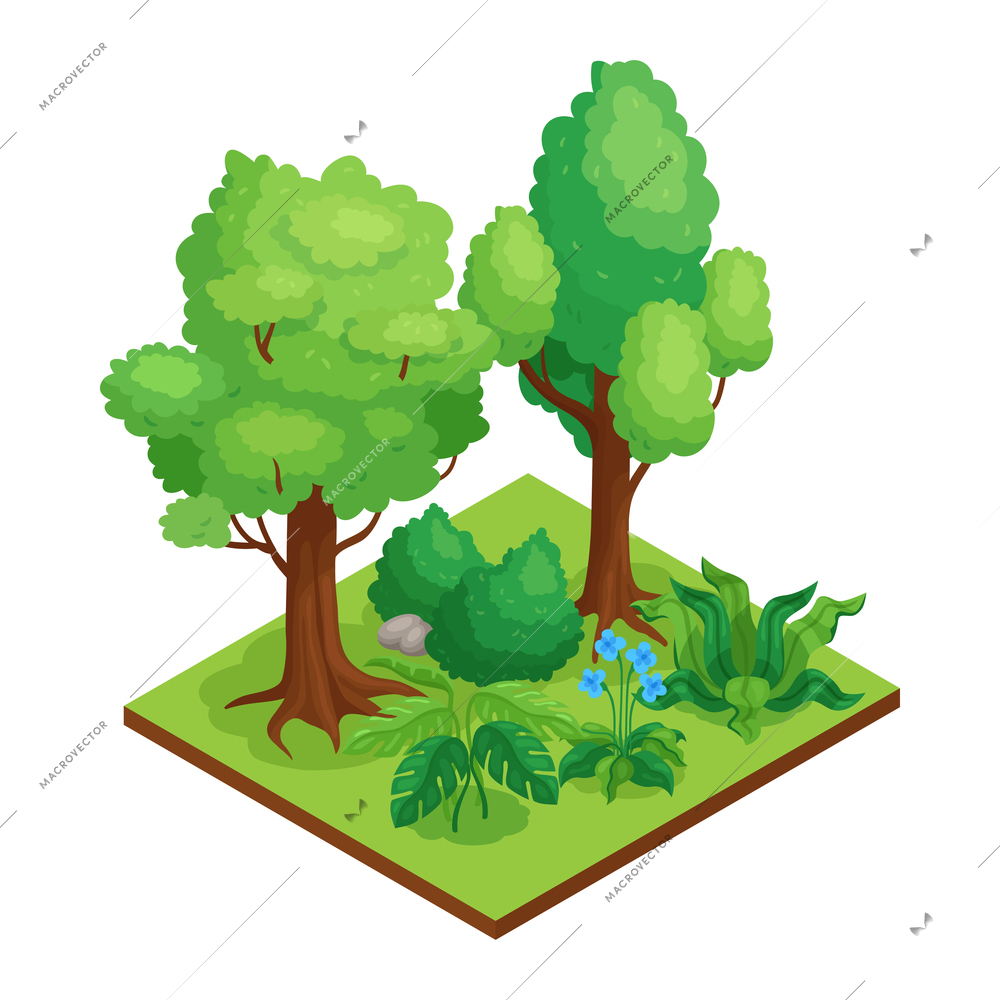 Isometric park element composition with green foliage trees bushes flowers 3d vector illustration