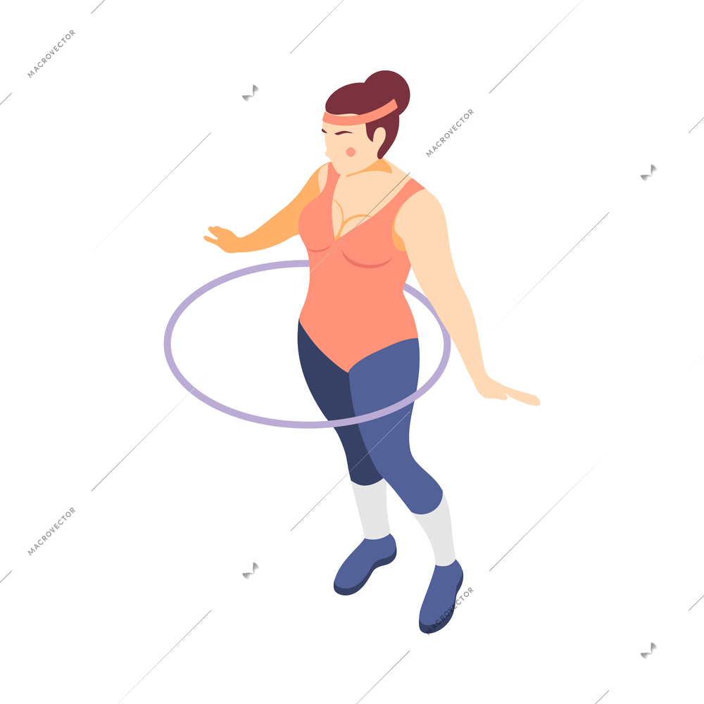 Plus size woman training with hula hoop isometric vector illustration