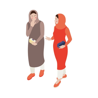 Two isometric characters of modern saudi arabian women walking with clutches and talking 3d vector illustration