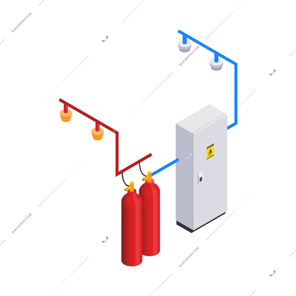 Data center equipment isometric icon with electrical distibution board and fire extinguishers 3d vector illustration