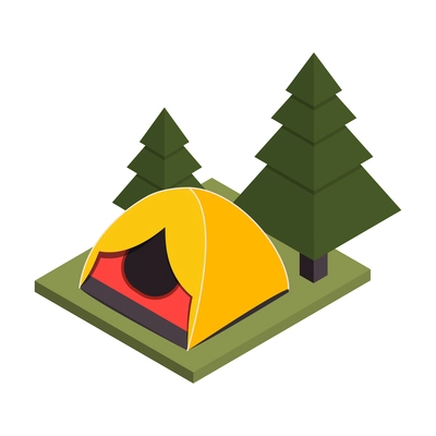 Camping icon with yellow tent in forest isometric 3d vector illustration