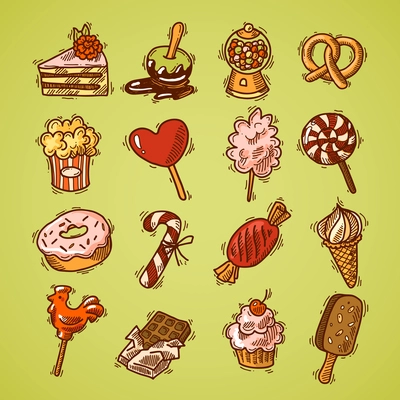 Sweets sketch decorative icons colored set with layered cake popcorn cupcake isolated vector illustration