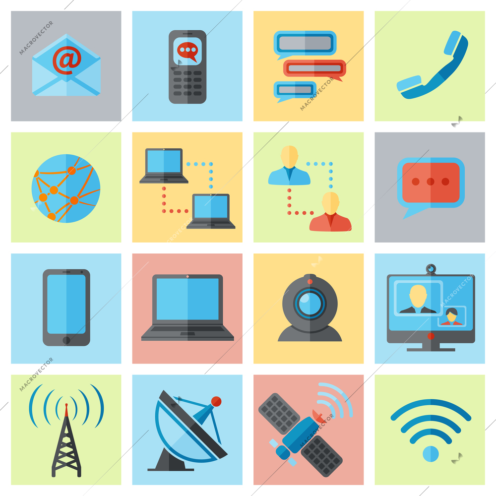 Communication media and internet mobile connections icons flat set isolated vector illustration