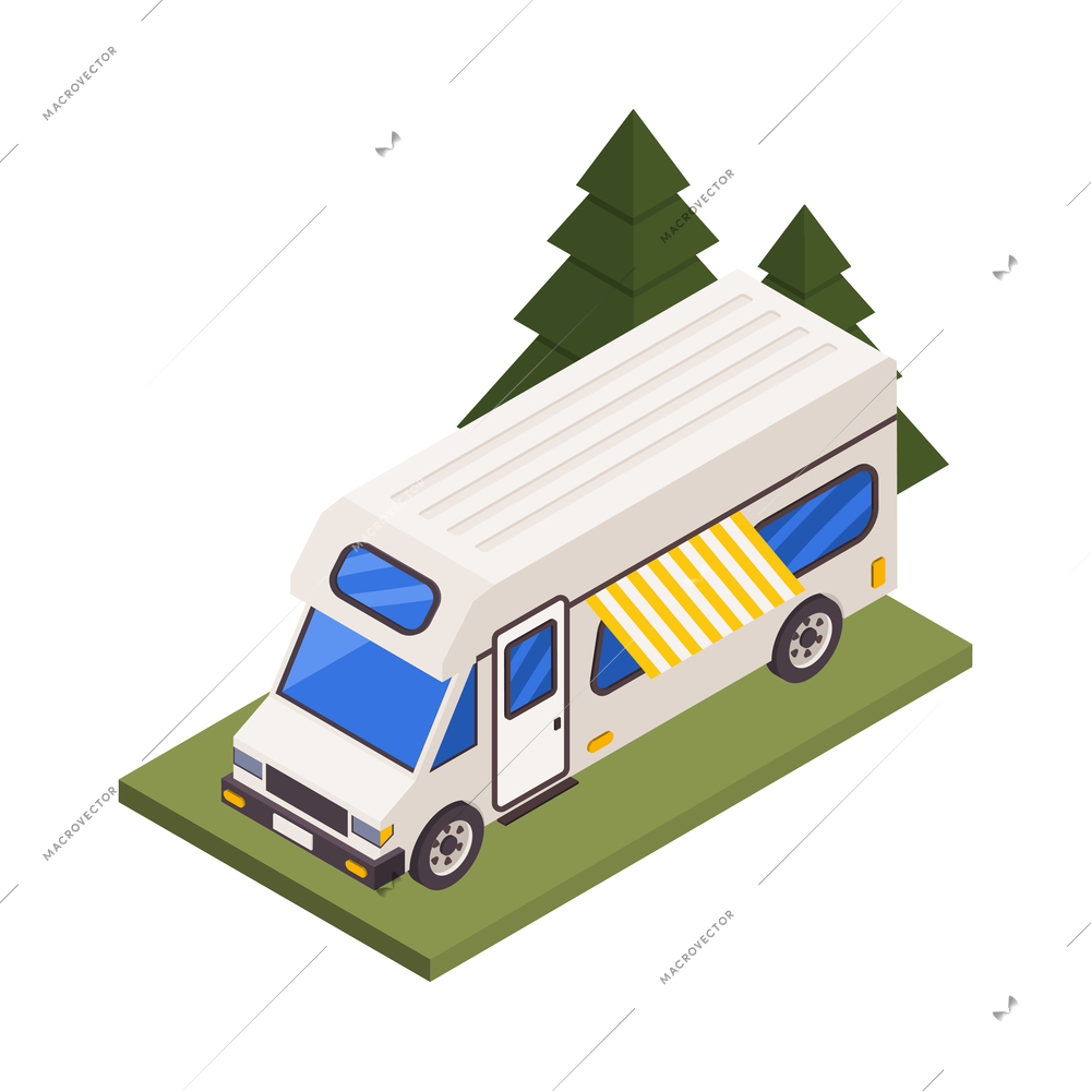 White van for camping trip in forest 3d isometric vector illustration