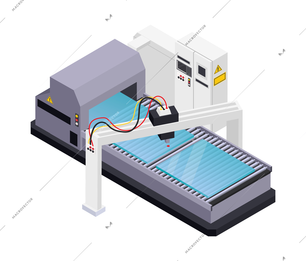 Glass production isometric icon with sheets on conveyor line 3d vector illustration
