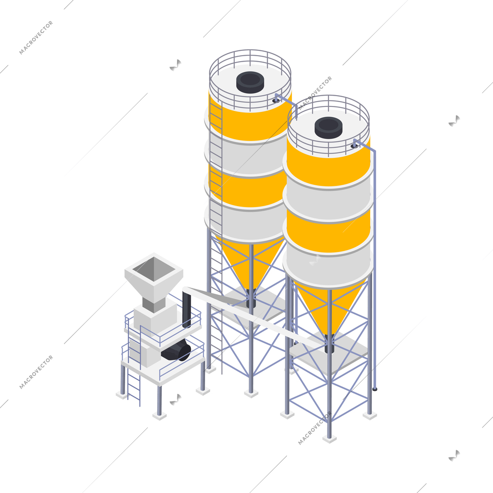 Concrete cement production isometric icon with 3d plant machinery vector illustration