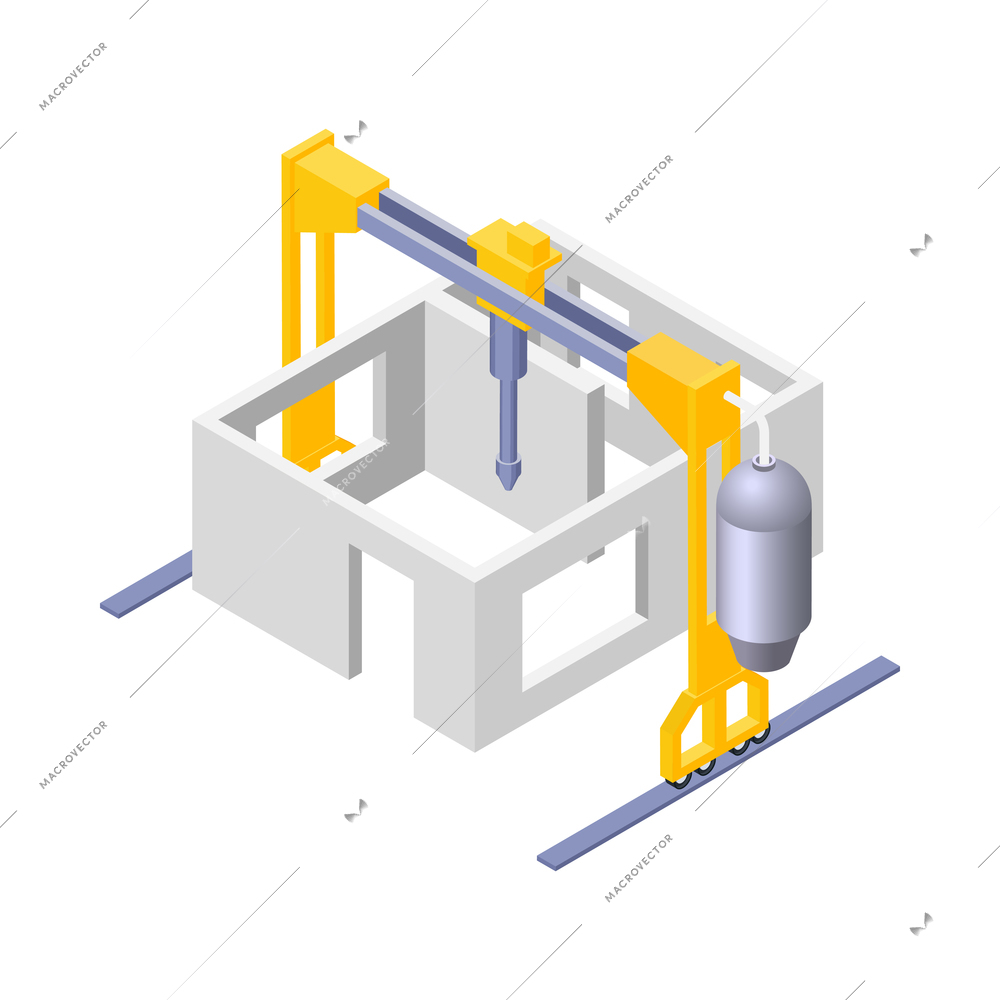 Concrete cement production isometric icon with building frame and construction equipment 3d vector illustration