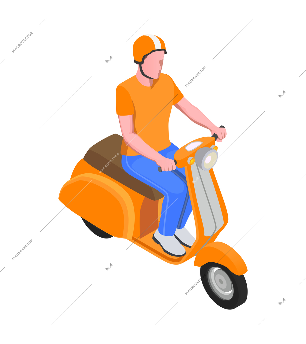 Personal transport icon with man in orange helmet riding motor scooter isometric vector illustration