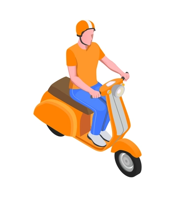 Personal transport icon with man in orange helmet riding motor scooter isometric vector illustration