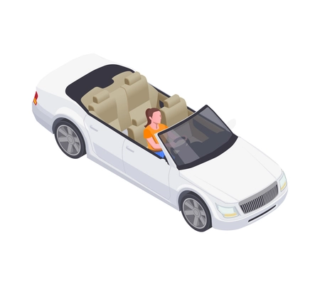 Woman driving luxurious white open top car 3d isometric vector illustration