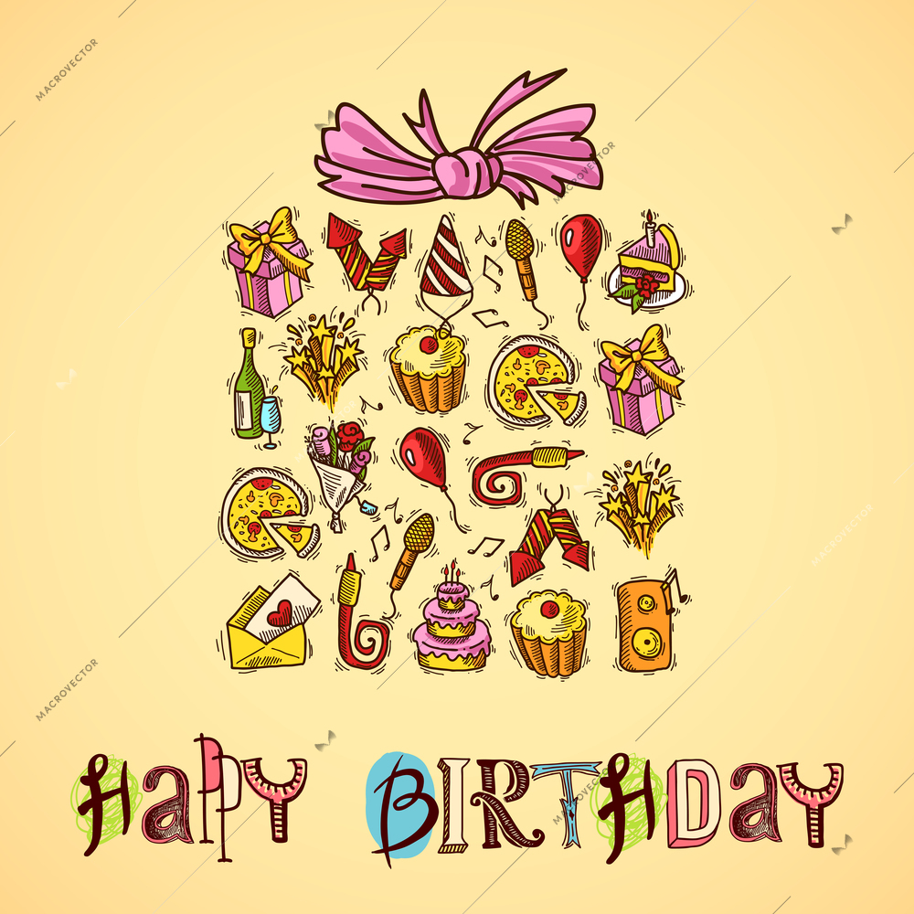 Happy birthday greetings card with sketch party elements in gift box shape vector illustration