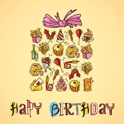 Happy birthday greetings card with sketch party elements in gift box shape vector illustration