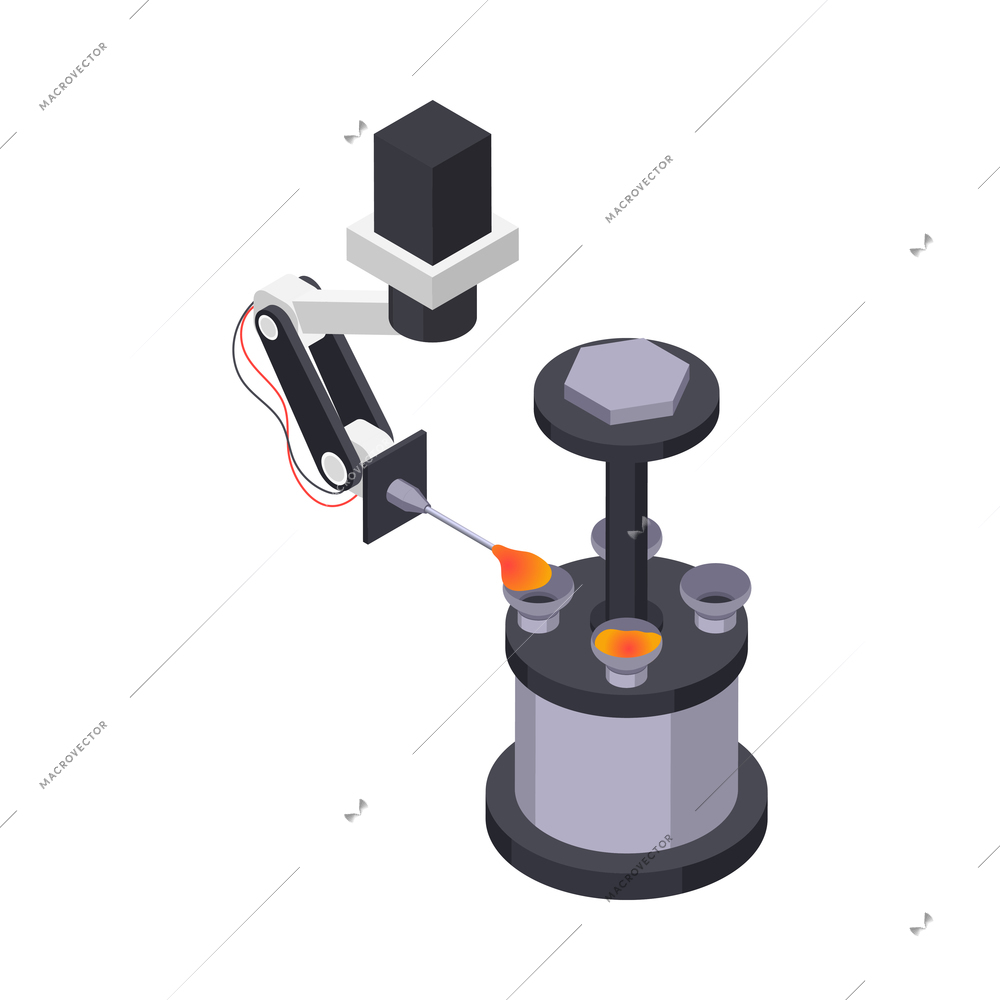 Glassware production isometric icon with automated machine pouring molten glass 3d vector illustration