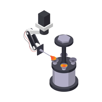 Glassware production isometric icon with automated machine pouring molten glass 3d vector illustration