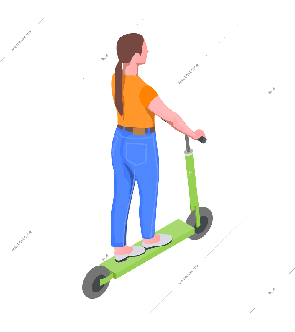 Personal transport icon with back view of woman riding electric scooter isometric vector illustration