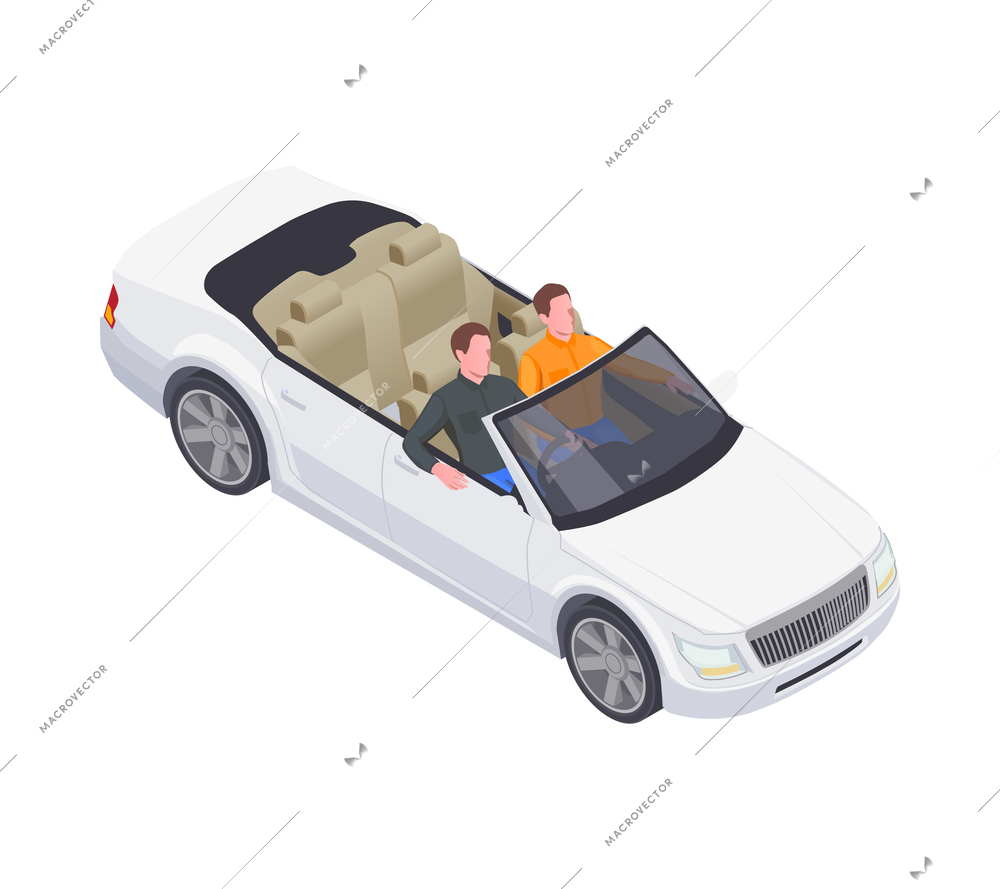 Isometric personal transport icon with two men driving luxurious open top car 3d vector illustration