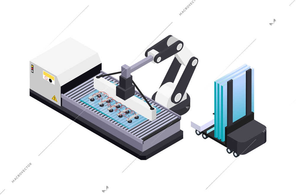 Glass production isometric icon with robotic conveyor line and forklift 3d vector illustration