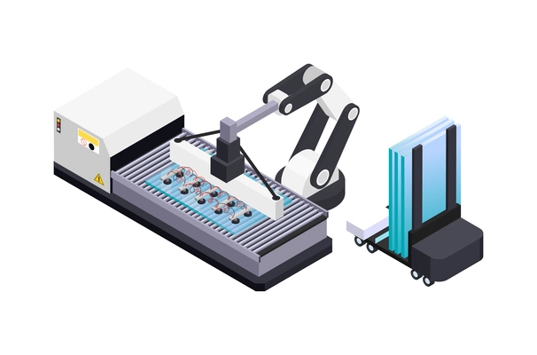 Glass production isometric icon with robotic conveyor line and forklift 3d vector illustration