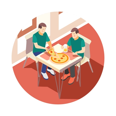 Male friendship icon with two men eating pizza and drinking beer isometric vector illustration
