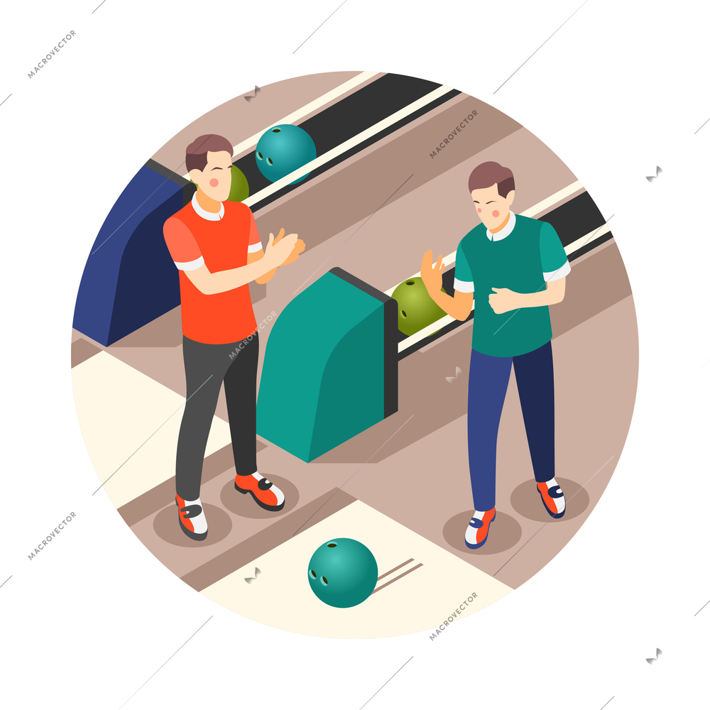 Male friendship isometric icon with two men playing bowling 3d vector illustration