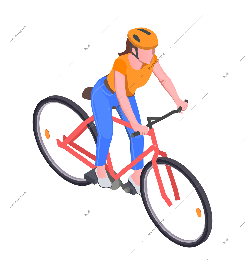 Woman wearing helmet riding bicycle isometric icon 3d vector illustration