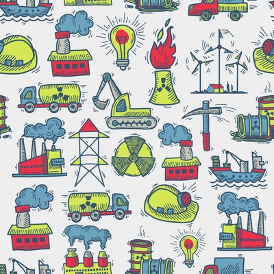 Industrial colored sketch seamless pattern with windmill power plant petrol truck vector illustration