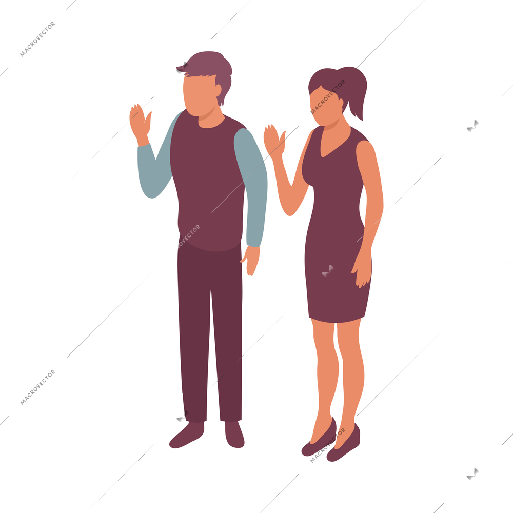 Isometric couple of man and woman waving their hands isolated 3d vector illustration