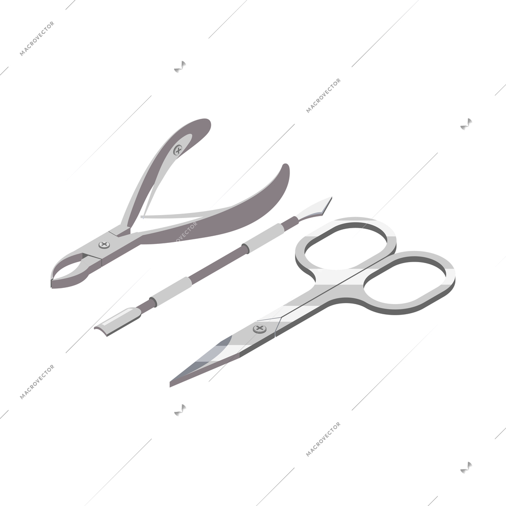 Tools for manicure or pedicure with steel scissors tweezers and pusher isometric icon 3d vector illustration