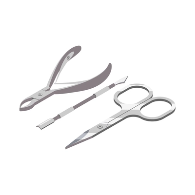 Tools for manicure or pedicure with steel scissors tweezers and pusher isometric icon 3d vector illustration