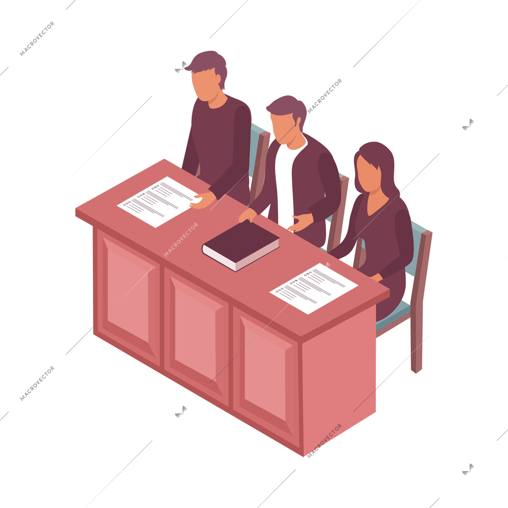 Court isometric icon with people in courtroom on white background 3d vector illustration