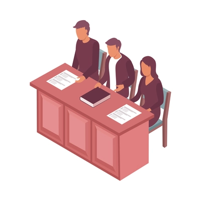 Court isometric icon with people in courtroom on white background 3d vector illustration