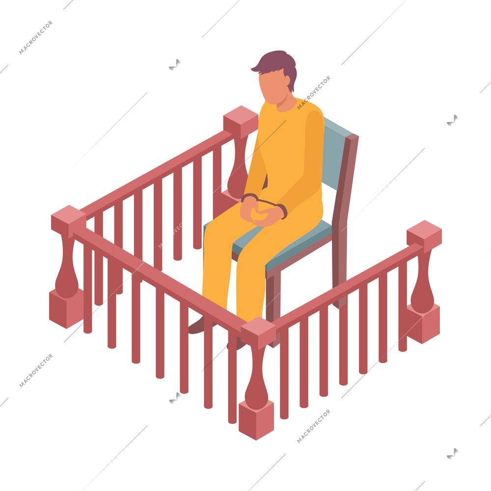 Court isometric icon with handcuffed accused man on defendants bench 3d vector illustration