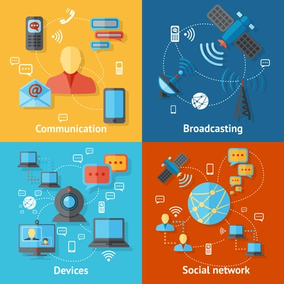 Communication flat icons set with broadcasting social network devices elements isolated vector illustration
