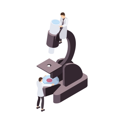 Science isometric icon with two scientists working with microscope 3d vector illustration