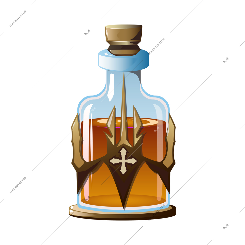 Realistic alchemist magic potion in glass bottle vector illustration