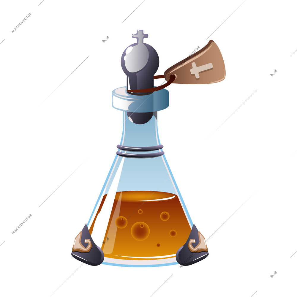 Realistic game icon with alchemic magic potion in glass bottle vector illustration