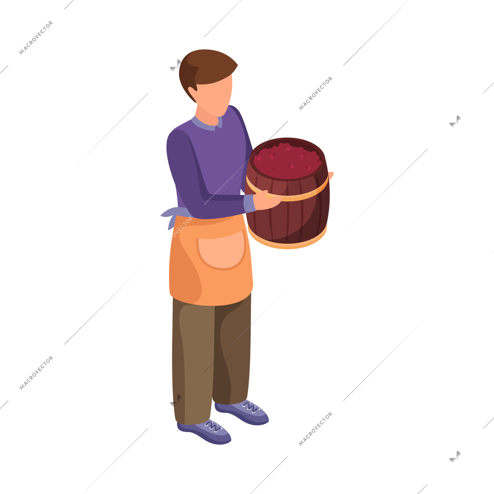 Wine production isometric icon with human character holding wooden barrel with grapes 3d vector illustration