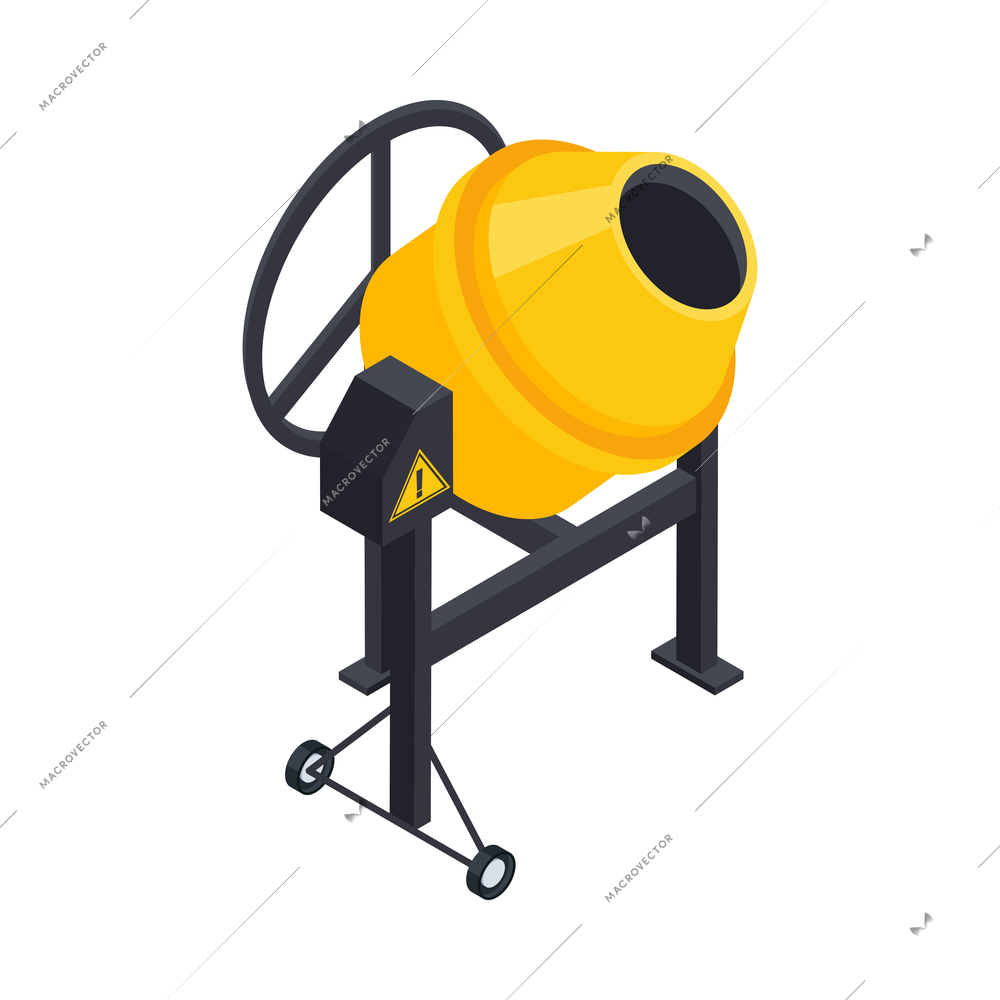 Concrete cement production isometric icon with 3d yellow mixer vector illustration