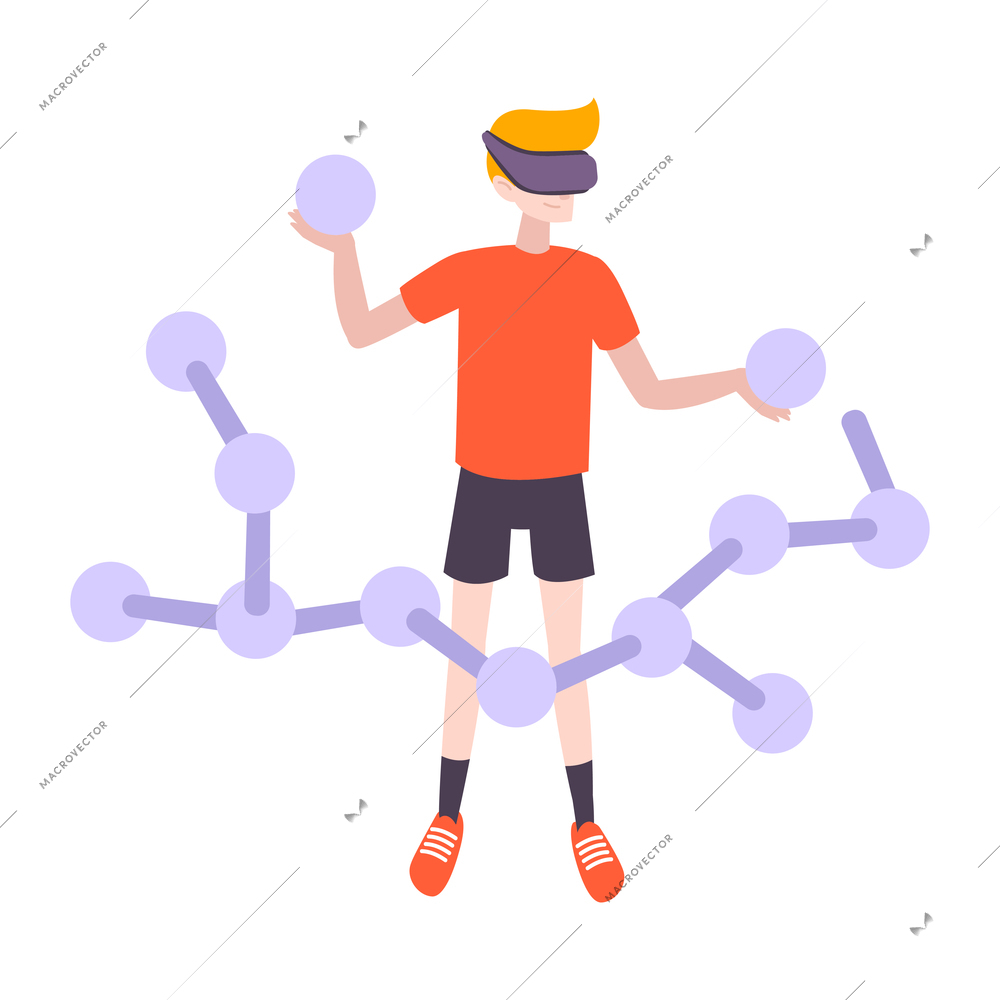 Man wearing virtual reality headset making molecular model flat icon vector illustration