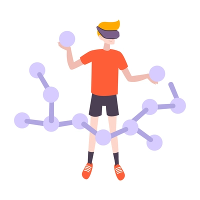 Man wearing virtual reality headset making molecular model flat icon vector illustration