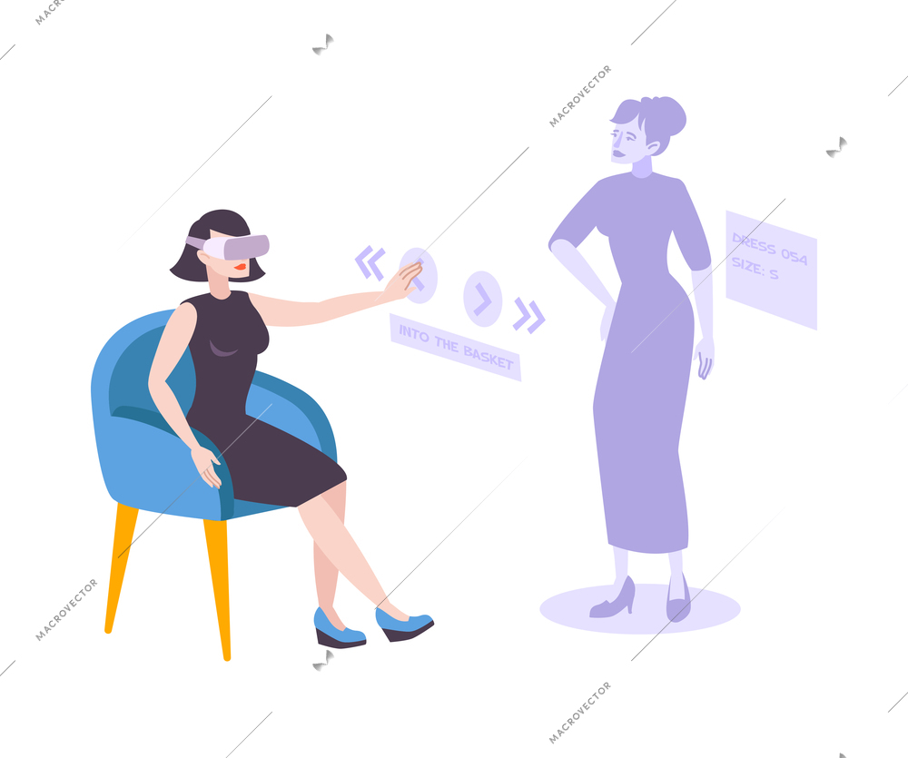 Woman doing shopping wearing vr headset flat composition vector illustration