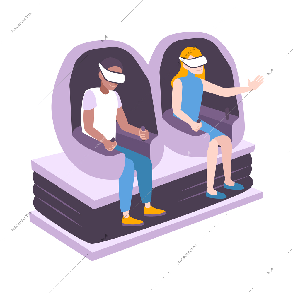 Two people playing virtual reality game wearing headset flat icon vector illustration
