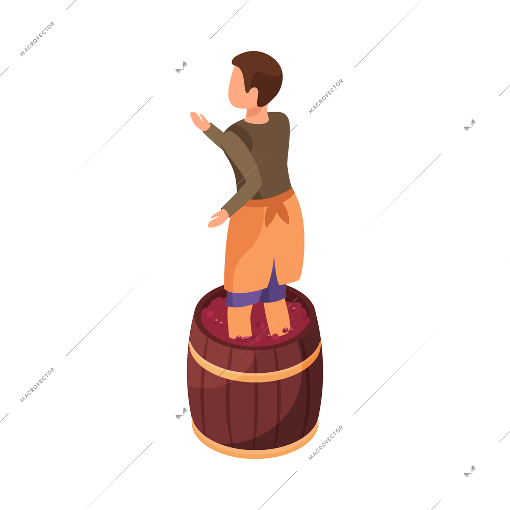 Wine production icon with human character crushing ripe grapes in wooden barrel isometric vector illustration
