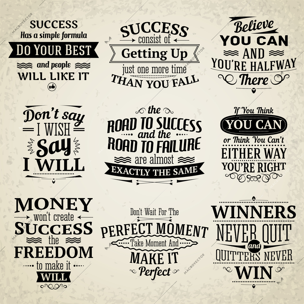 Success motivational and inspirational creative quotes emblems set isolated vector illustration