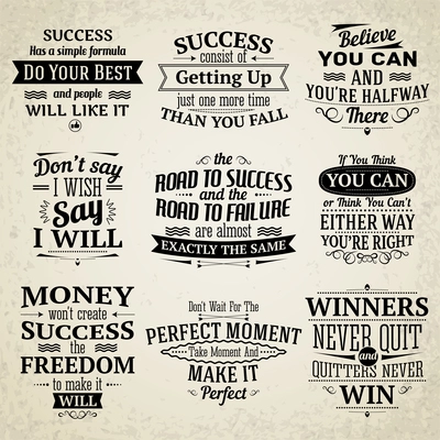 Success motivational and inspirational creative quotes emblems set isolated vector illustration