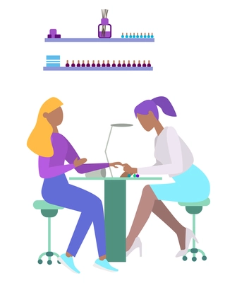 Nail artist doing manicure to blond woman flat vector illustration