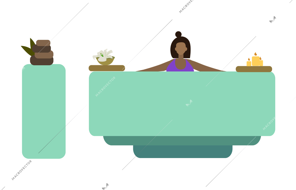 Woman relaxing in bath in spa salon flat vector illustration