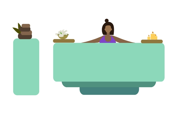 Woman relaxing in bath in spa salon flat vector illustration